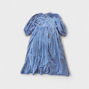 Blue Gingham Midi Dress S 100% Cotton Pockets Puff Sleeve Cottagecore Prairie